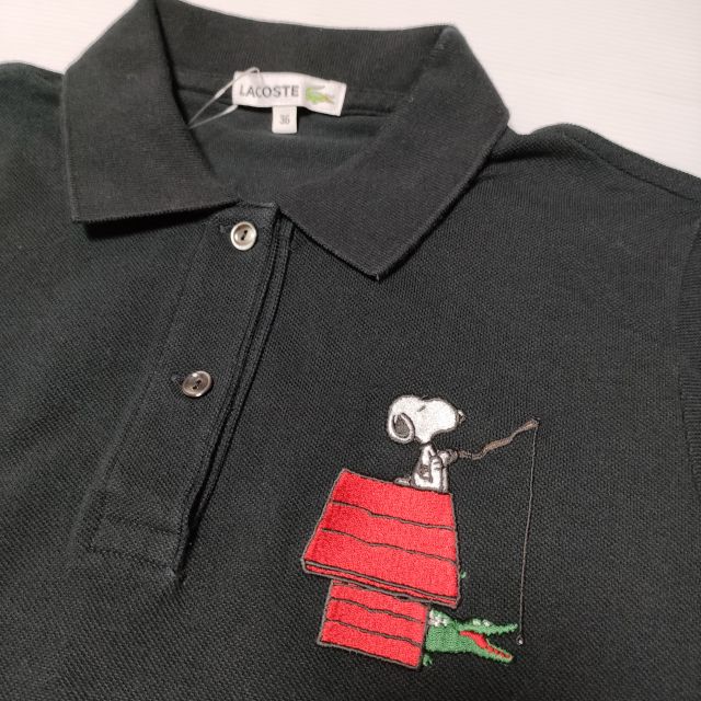 LACOSTE/PEANUTS SNOOPY スヌーピー コットン 36 半袖 ポロシャツ ブラック レディース ラコステ/ピーナッツ【中古