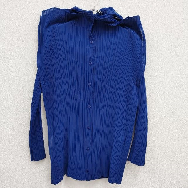 ISSEY MIYAKE プリーツシャツ レイヤードデザイン 変形袖 im93fj732 サイズ2 ブラウス ブルー レディース イッセイミ