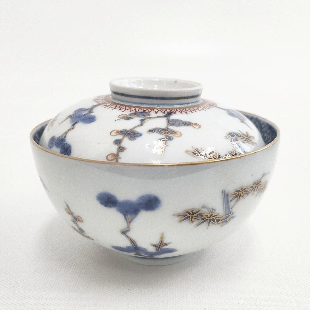 古伊万里 松竹梅 太明年製 蓋茶碗 蓋付き 5客セット 食器 ホワイト ブルー レディース【中古】5-0510G◎ 古伊万里 松竹梅 太明年製 蓋茶碗 蓋付き 5客セット 食器