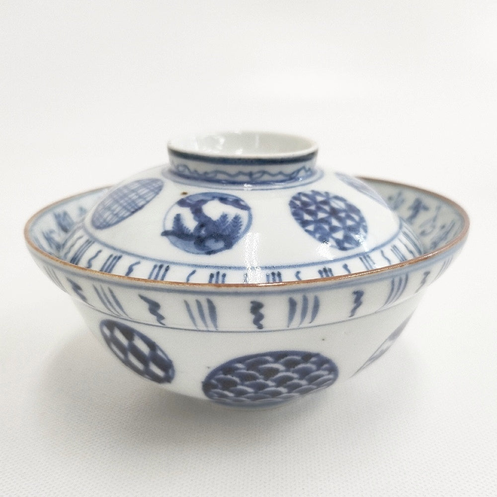 古伊万里 丸紋 蓋茶碗 蓋付き5客セット 食器 ホワイト ブルー レディース【中古】5-0510G◎ 古伊万里 丸紋 蓋茶碗 蓋付き5客セット 食器 ホワイト ブルー