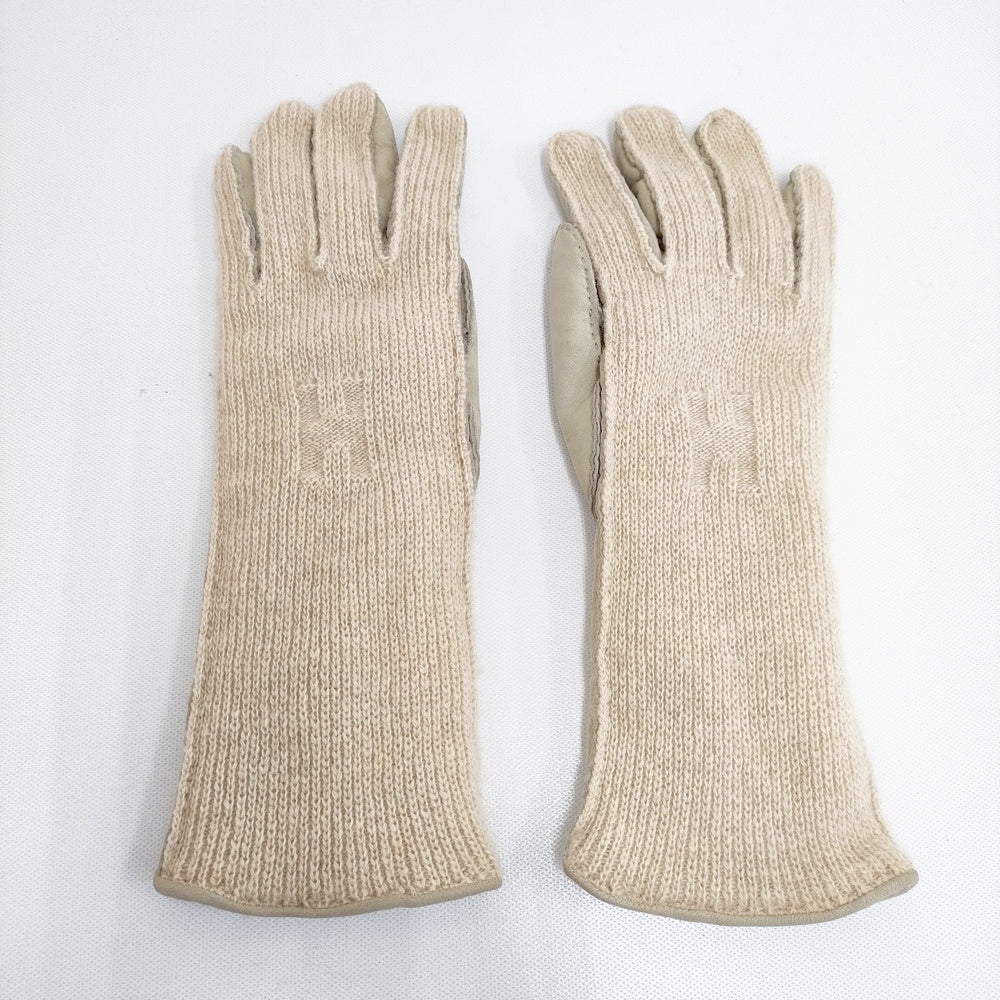 HERMES レザー/カシミヤ Hロゴ サイズ6 1/2 手袋 ベージュ レディース