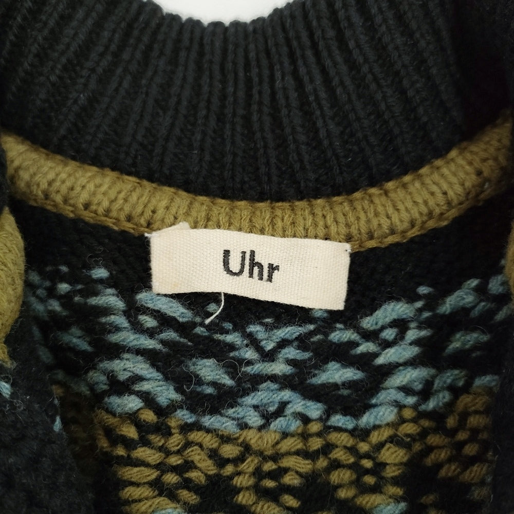 Uhr ノルディックロングニットコート ウール ハイネック カーディガン ブラック レディース ウーア【中古】5-1123T♪ Uhr ノルディックロングニットコート ウール ハイネック カーディガン