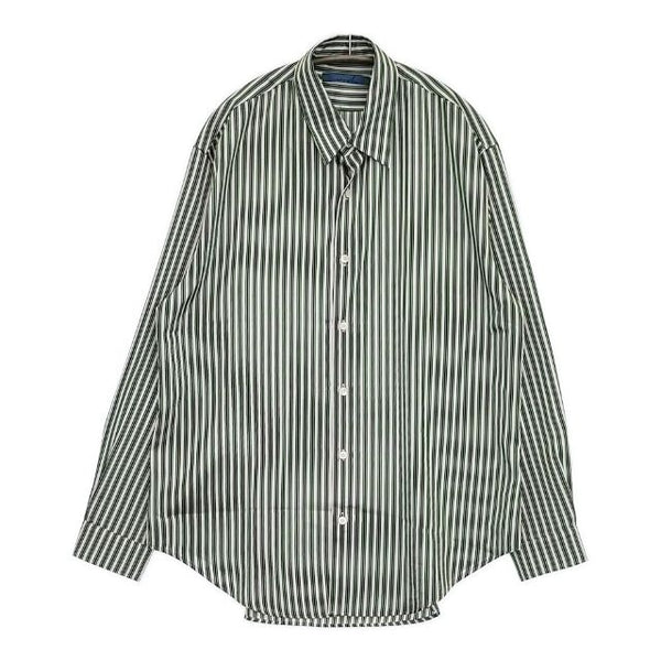 semoh ストライプ ポリエステルシャツ 長袖シャツ グリーン ホワイト メンズ セモー【中古】5-1001M∞