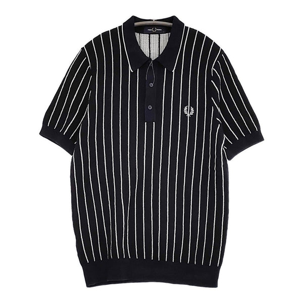 FRED PERRY ニットポロシャツ サイズS ストライプ ポロシャツ ネイビー メンズ フレッドペリー【中古】5-0806S♪