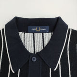 FRED PERRY ニットポロシャツ サイズS ストライプ ポロシャツ ネイビー メンズ フレッドペリー【中古】5-0806S♪