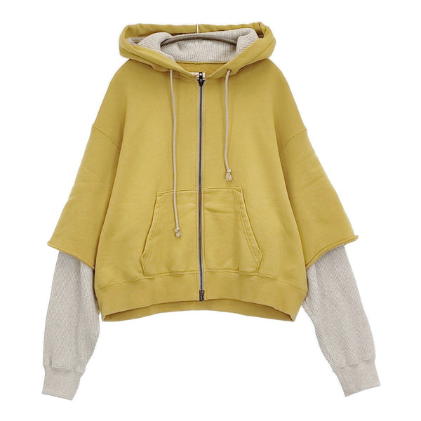 Name. RAYERED SLEEVE ZIP HOODIE サイズ1 定価31900円 NMCU-042 レイヤード パーカー 25SS イエロー ベージュ メンズ ネーム【中古】5-1108M♪