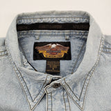 HARLEY DAVIDSON バックプリント 刺繍ロゴ アメリカ古着 サイズS 半袖シャツ ライトブルー メンズ ハーレーダビッドソン【中古】6-0512S♪