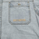 HARLEY DAVIDSON バックプリント 刺繍ロゴ アメリカ古着 サイズS 半袖シャツ ライトブルー メンズ ハーレーダビッドソン【中古】6-0512S♪