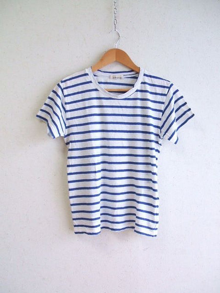 IN NATURAL コットンリネンボーダー半袖Tシャツ ホワイト　ブルー レディース インナチュラル【中古】0-0812S△