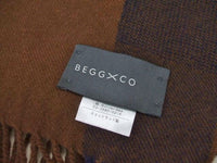 BEGG＆CO スコットランド製 大判 フリンジ チェック柄 ショール ストール ブラウン ネイビー レディース ベグアンドコー【中古】2-1214A◆