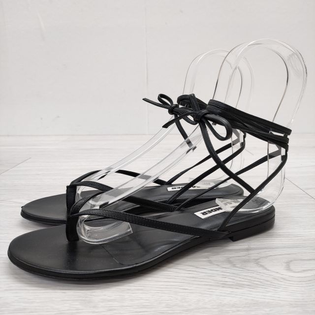 新品未使用 ジルサンダー フラットサンダル 37 ブラック JIL SANDER フリンジ サイズ36 アンクル紐 フラット サンダル
