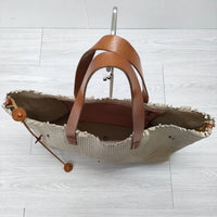 HENRY CUIR レザートートバッグ 編み込み メッシュレザー ビーズ トートバッグ ベージュ レディース アンリークイール【中古】3-1006G◎