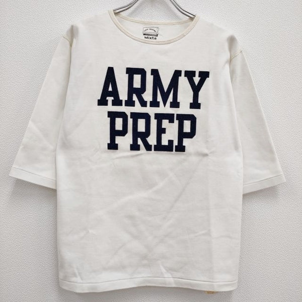 MIXTA フロッキープリント USA製 ARMY サイズXXS 長袖Ｔシャツ カットソー ロンＴ ホワイト ネイビー レディース ミクスタ【中古】4-0308M♪