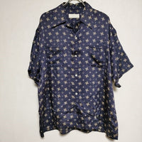 NEON SIGN OPEN COLLAR SHIRT シルク混 総柄 開襟 半袖シャツ ネイビー メンズ ネオンサイン【中古】4-0601S∞