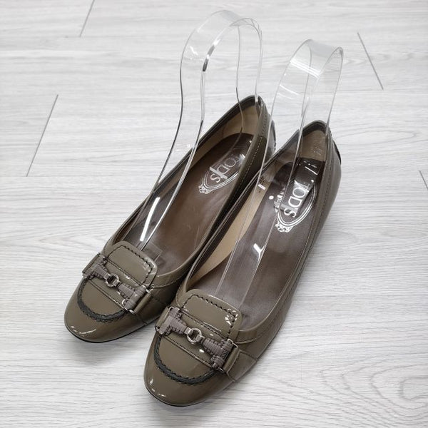 TOD'S エナメル パテント 38 1/2 ローヒール パンプス ブラウングレー レディース トッズ【中古】4-0205G◎