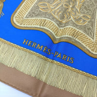 HERMES カレ90 POSTE ET CAVALERIE サーベル飾り袋 シルク 大判 89×89 スカーフ  ブルー ブラウン レディース エルメス【中古】4-0413G◎