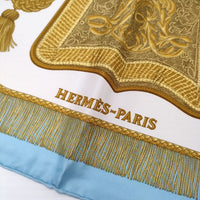 HERMES カレ90 POSTE ET CAVALERIE サーベル飾り袋 シルク 大判 スカーフ ミズイロ ホワイト レディース エルメス【中古】4-0413G◎