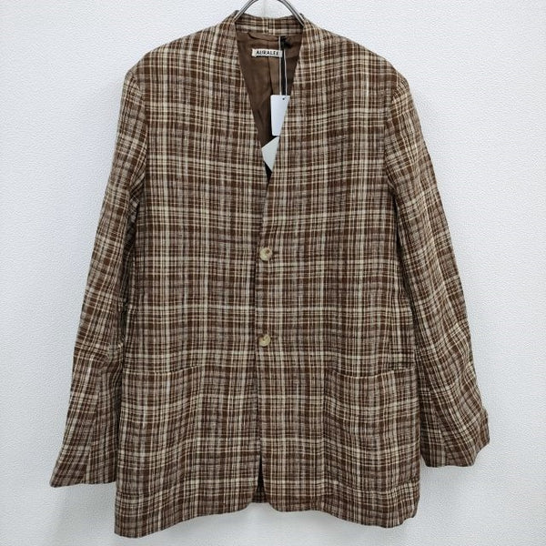 AURALEE 新品 LINEN SILK CHECK NO COLLAR JACKET 定価66000円 ノーカラージャケット 23SS ブラウン  レディース オーラリー【中古】4-0410M♪