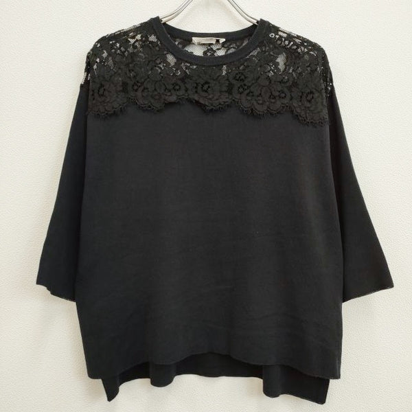 AEVES 450BS170-0670 FRENCH LACE ROCHE TOPS レース 七分袖 ニット ネイビー レディース アエヴェス【中古】4-0804M♪