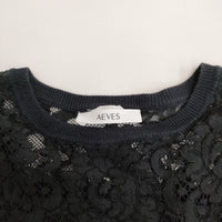 AEVES 450BS170-0670 FRENCH LACE ROCHE TOPS レース 七分袖 ニット ネイビー レディース アエヴェス【中古】4-0804M♪