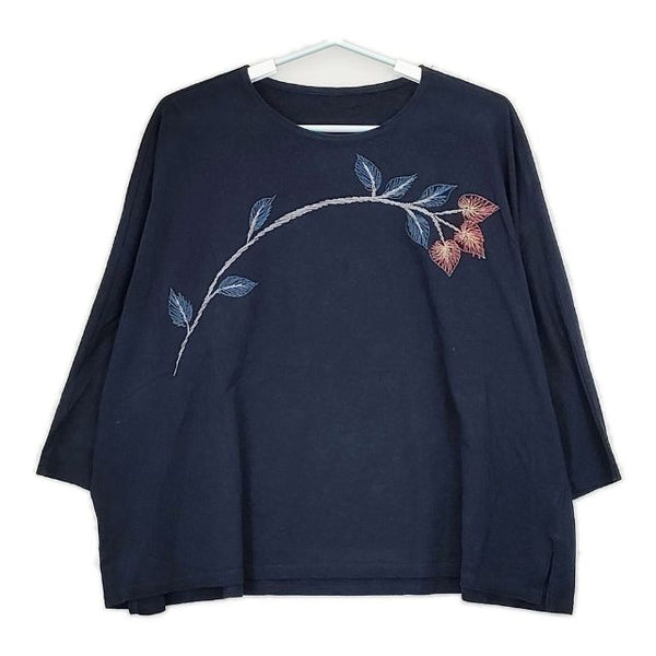 babaghuri J0593UB302 インド製 コットンリネン 葉っぱ刺繍 長袖Ｔシャツ カットソー ロンＴ ネイビー レディース ババグーリ【中古】5-0601M∞