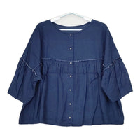 cinq symphonie 長袖 カットオフ ギャザー ワイド ブラウス シャツ ブルー レディース サンクサンフォニー【中古】5-0516M△