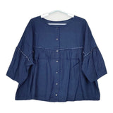 cinq symphonie 長袖 カットオフ ギャザー ワイド ブラウス シャツ ブルー レディース サンクサンフォニー【中古】5-0516M△