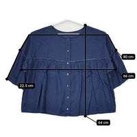 cinq symphonie 長袖 カットオフ ギャザー ワイド ブラウス シャツ ブルー レディース サンクサンフォニー【中古】5-0516M△