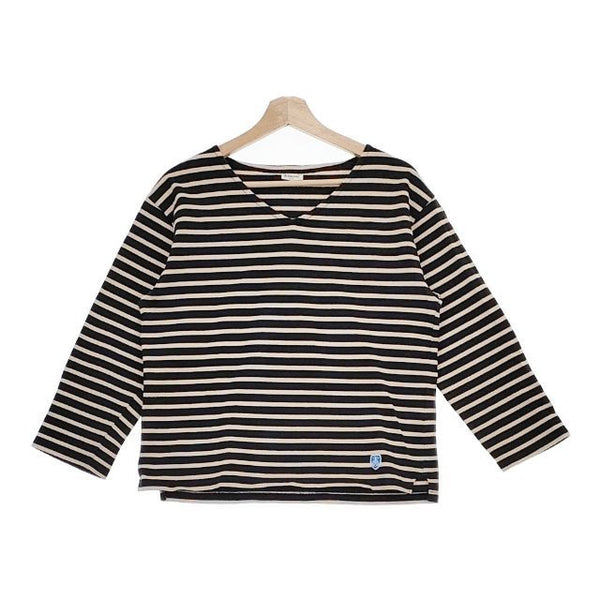 ORCIVAL Vネック ボーダー 長袖Ｔシャツ カットソー ロンＴ ベージュ ブラック レディース オーシバル/オーチバル【中古】5-0224M∞