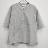 MHL. 595-0152507 サイズ3 COTTON LINEN STRIPE ストライプバンドカラー半袖シャツ ホワイト グレー レディース エムエイチエル【中古】4-0904S♪