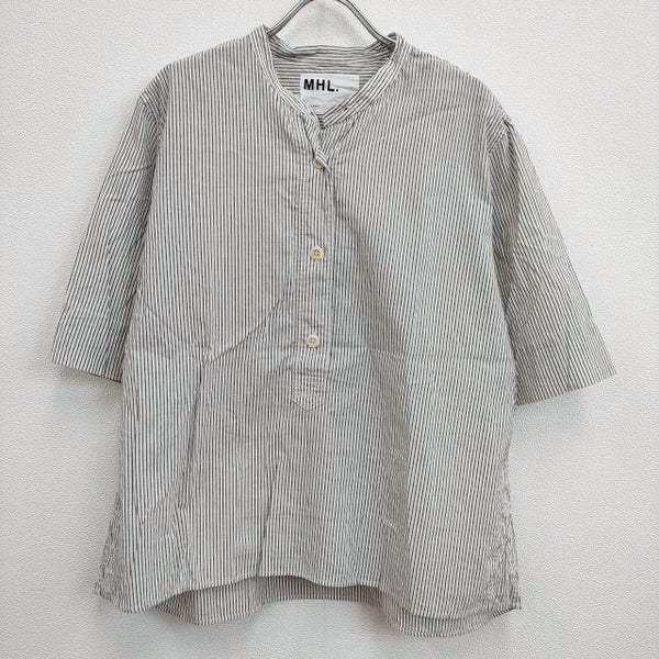 MHL. 595-0152507 サイズ3 COTTON LINEN STRIPE ストライプバンドカラー半袖シャツ ホワイト グレー レディース エムエイチエル【中古】4-0904S♪