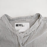 MHL. 595-0152507 サイズ3 COTTON LINEN STRIPE ストライプバンドカラー半袖シャツ ホワイト グレー レディース エムエイチエル【中古】4-0904S♪