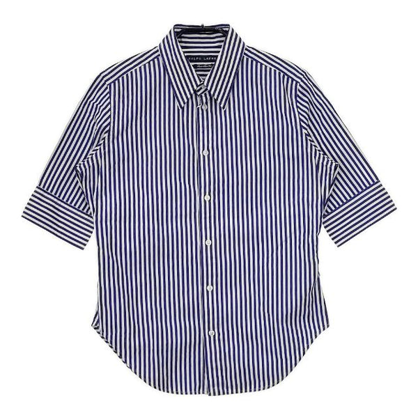 RALPH LAUREN スーパースリムフィット ストライプ 9 半袖シャツ ブルー ホワイト レディース ラルフローレン【中古】5-0702S∞