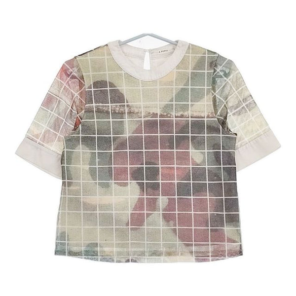 A PUPIL メッシュレイヤード ブラウス 半袖Ｔシャツ カットソー グリーン レッド ホワイト レディース アピューピル【中古】5-0720S∞