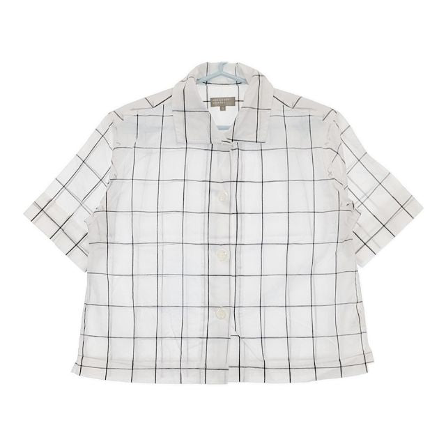 MARGARET HOWELL◆シミ有/半袖ブラウス/--/コットン/GRY/チェック/578-9152008 HAIRLINE STRIPE COTTON LINEN SHIRT | MARGARET HOWELL