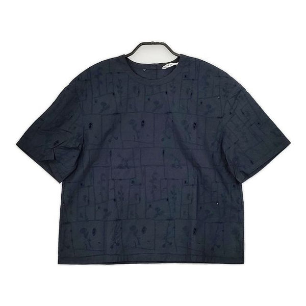 mina perhonen garden patchwork サイズ40 刺繍 半袖 ブラウス シャツ ネイビー レディース ミナペルホネン【中古】5-0601S∞