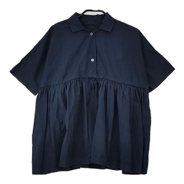 Lin francais d'antan Breton ブルトン ギャザー 半袖 プルオーバー ブラウス シャツ ネイビー レディース ランフランセダンタン【中古】5-0709S∞