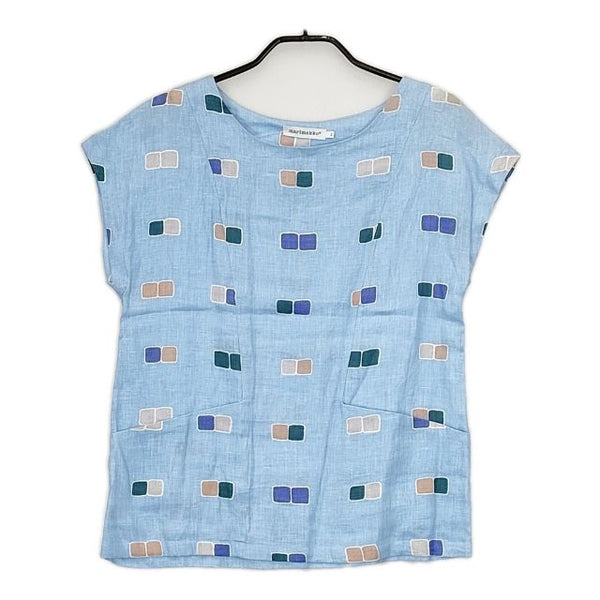 marimekko OKTO リネン100％ フレンチスリーブ ブラウス シャツ ライトブルー レディース マリメッコ【中古】5-0614S∞