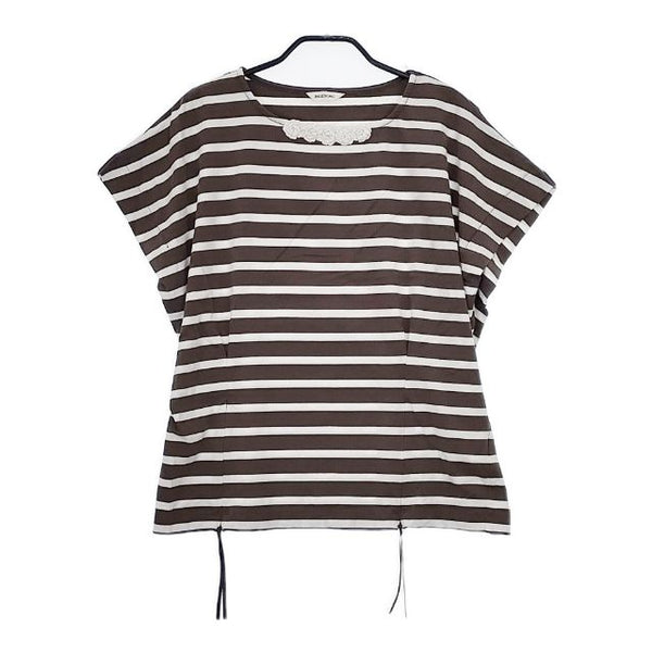 INGEBORG フラワーモチーフ ジップ付き ボーダー 半袖Ｔシャツ カットソー ブラウン ホワイト レディース インゲボルグ【中古】5-0619S∞