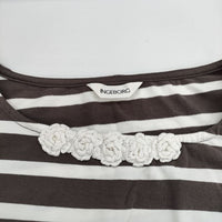 INGEBORG フラワーモチーフ ジップ付き ボーダー 半袖Ｔシャツ カットソー ブラウン ホワイト レディース インゲボルグ【中古】5-0619S∞