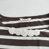 INGEBORG フラワーモチーフ ジップ付き ボーダー 半袖Ｔシャツ カットソー ブラウン ホワイト レディース インゲボルグ【中古】5-0619S∞
