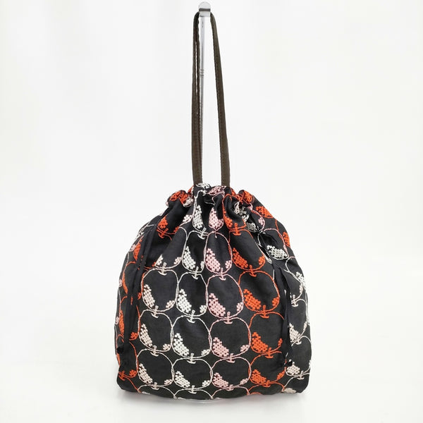 mina perhonen mela ts9533 トートバッグ 刺繍 巾着 リンゴ トートバッグ ブラック レッド レディース ミナペルホネン【中古】5-0526G◎