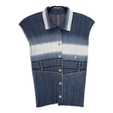 PLEATS PLEASE ISSEY MIYAKE デニム転写プリント プリーツ トップス スカート セットアップ ネイビー グレー レディース プリーツプリーズ【中古】5-0601S∞