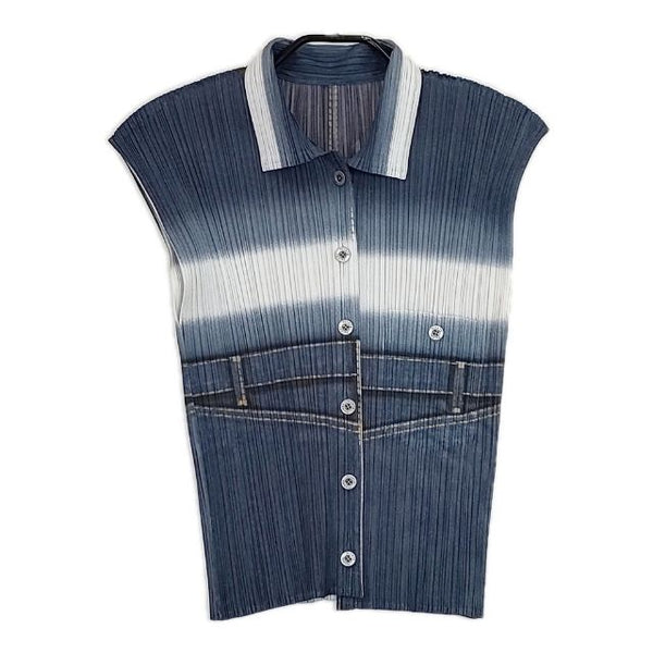 PLEATS PLEASE ISSEY MIYAKE デニム転写プリント プリーツ トップス スカート セットアップ ネイビー グレー レディース プリーツプリーズ【中古】5-0601S∞