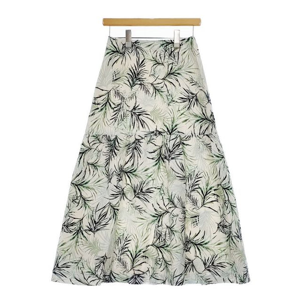 HUMAN WOMAN CU/Cツイル・リーフプリントスカート ロングスカート ホワイト グリーン レディース ヒューマンウーマン【中古】5-0403M∞