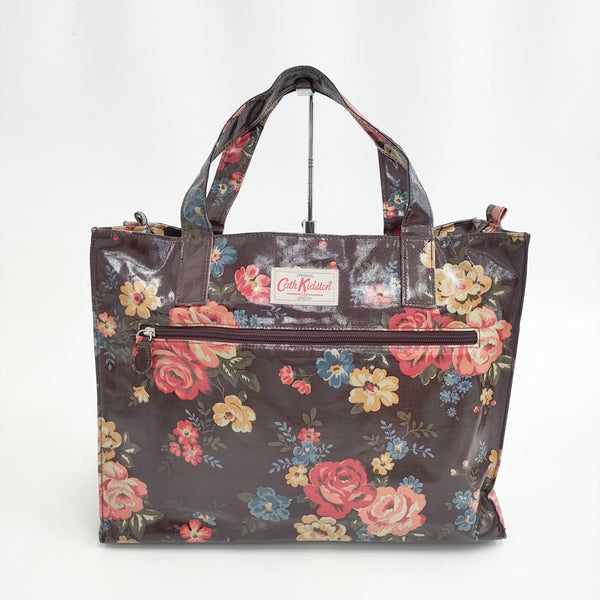 Cath Kidston  PVC 花柄 薔薇 バラ コーティング トートバッグ ブラウン レディース キャスキットソン【中古】5-0404G◎