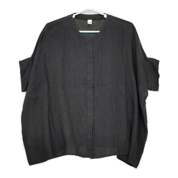 DIARIES 比翼ボタン  リネン 半袖  ブラウス シャツ ブラック レディース ダイアリーズ【中古】5-0507S∞