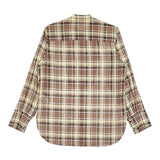 AURALEE WOOL RECYCLE POLYESTER SHEER CLOTH STAND COLLAR SHIRT チェックバンドカラーシャツ ブラウン レディース オーラリー【中古】5-0323M♪