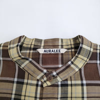 AURALEE WOOL RECYCLE POLYESTER SHEER CLOTH STAND COLLAR SHIRT チェックバンドカラーシャツ ブラウン レディース オーラリー【中古】5-0323M♪