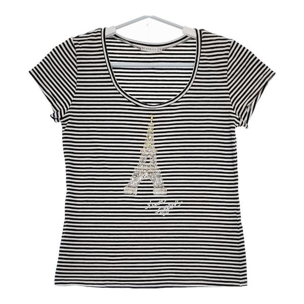 BEATRICE エッフェル塔 スパンコール ボーダー 半袖Ｔシャツ カットソー ブラック ホワイト レディース ベアトリス【中古】5-0529S∞